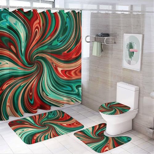 4-teiliges Badezimmer-Set mit psychedelischem Wirbelmuster, mit Badematte, Duschvorhang mit 12 Haken, rutschfeste U-Form und WC-Deckelbezug für Badezimmer-Dekor von HETVBNS