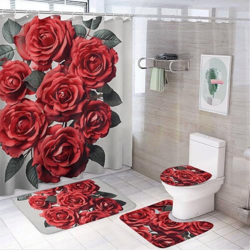 4-teiliges Badezimmer-Set mit roter Rose und Badematte, Duschvorhang mit 12 Haken, rutschfeste U-Form und WC-Deckelbezug für Badezimmer-Dekor von HETVBNS