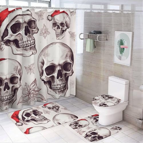 4-teiliges Badezimmer-Set mit skizzenhaften Totenköpfen und Badematte, Duschvorhang mit 12 Haken, rutschfeste U-Form und WC-Deckelbezug für Badezimmer-Dekor von HETVBNS