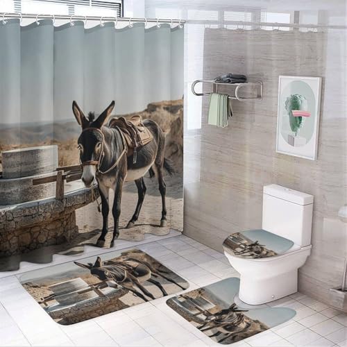 4-teiliges Esel-Ziehmühlen-Set mit Badematte, Duschvorhang mit 12 Haken, rutschfeste U-Form und WC-Deckelbezug für Badezimmer-Dekor von HETVBNS