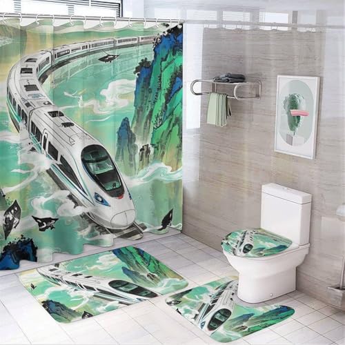 4-teiliges High-Speed-Bad-Set mit Badematte, Duschvorhang mit 12 Haken, rutschfester U-Form und WC-Deckelbezug für Badezimmer-Dekor von HETVBNS