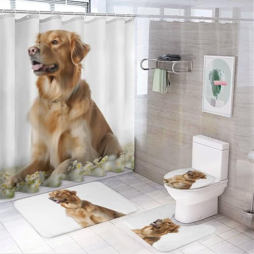 4-teiliges Hunde-Badezimmer-Set mit Badematte, Duschvorhang mit 12 Haken, rutschfeste U-Form und WC-Deckelbezug für Badezimmer-Dekor von HETVBNS