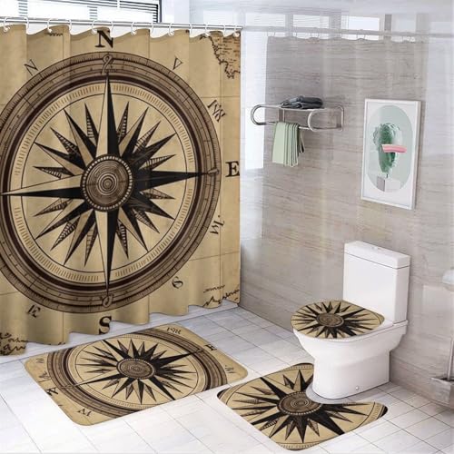 4-teiliges Kompass-Badezimmer-Set mit Badematte, Duschvorhang mit 12 Haken, rutschfeste U-Form und WC-Deckelbezug für Badezimmer-Dekor von HETVBNS