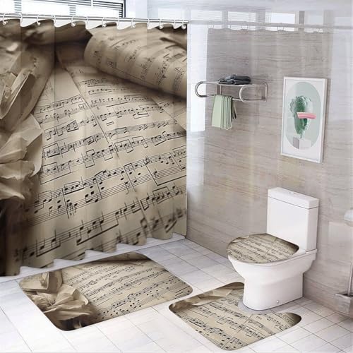 4-teiliges Noten-Badezimmer-Set mit Badematte, Duschvorhang mit 12 Haken, rutschfeste U-Form und WC-Deckelbezug für Badezimmer-Dekor von HETVBNS