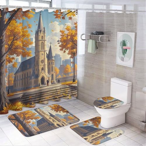 4-teiliges Retro-Tourismus-Badezimmer-Set mit Badematte, Duschvorhang mit 12 Haken, rutschfeste U-Form und WC-Deckelbezug für Badezimmer-Dekor von HETVBNS