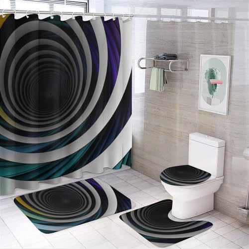 4-teiliges abstraktes Kreis-Badezimmer-Set mit Badematte, Duschvorhang mit 12 Haken, rutschfeste U-Form und WC-Deckelbezug für Badezimmer-Dekor von HETVBNS