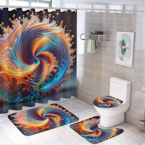4-teiliges buntes drehendes Badezimmer-Set mit Badematte, Duschvorhang mit 12 Haken, rutschfeste U-Form und WC-Deckelbezug für Badezimmer-Dekor von HETVBNS