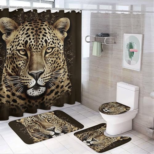 4-teiliges gemustertes Leopardenkopf-Badezimmer-Set mit Badematte, Duschvorhang mit 12 Haken, rutschfeste U-Form und WC-Deckelbezug für Badezimmer-Dekor von HETVBNS