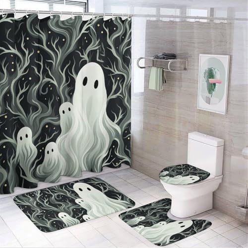 4-teiliges weißes gemustertes Geister-Badezimmer-Set mit Badematte, Duschvorhang mit 12 Haken, rutschfeste U-Form und WC-Deckelbezug für Badezimmer-Dekor von HETVBNS