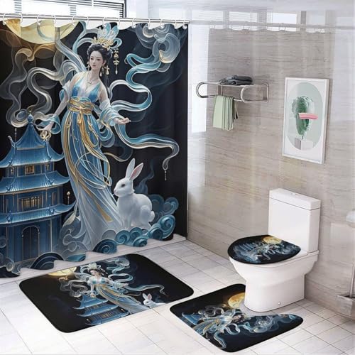 Chang'e Feen-Badezimmer-Set mit Badematte, Duschvorhang mit 12 Haken, rutschfester U-Form und WC-Deckelbezug für Badezimmer-Dekoration, 4-teilig von HETVBNS