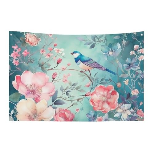 Flagge im Blumen- und Vogelstil mit 4 Ösen, strapazierfähiges Polyester, einseitige Flaggen, wetterbeständige Banner für Wohnheim, Partys, Filme, Festivals, Dekoration, 119,4 x 177,8 cm von HETVBNS