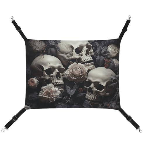 HETVBNS Haustierhängematte mit Blumen und Totenköpfen für Katzen und Hunde, weiche atmungsaktive Canvas-Hängematte mit verstellbaren Riemen, bequemes und langlebiges Hängebett für kleine bis von HETVBNS