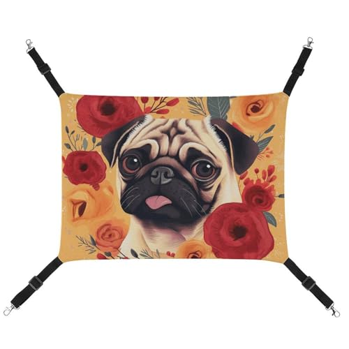 HETVBNS Mops-Blumen-Haustier-Hängematte für Katzen und Hunde, weiche atmungsaktive Canvas-Hängematte mit verstellbaren Riemen, bequemes und langlebiges Hängebett für kleine bis mittelgroße Haustiere von HETVBNS