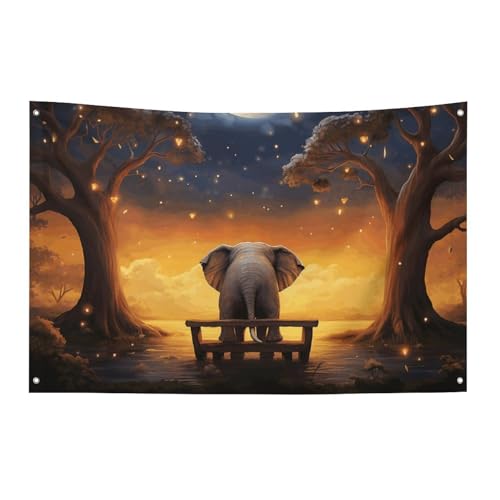 Tier Elefant Eule Baum Mond Stern Flagge mit 4 Ösen, strapazierfähiges Polyester, einseitige Flaggen, wetterbeständige Banner für Wohnheim, Partys, Filme, Festivals, Dekoration, 119,4 x 177,8 cm von HETVBNS