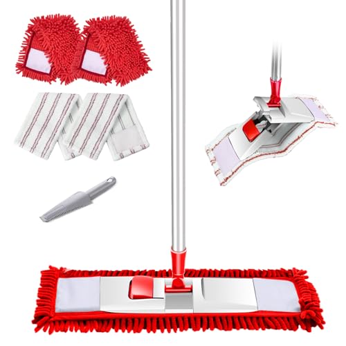 HEVOL Flach Wischmopp,Chenille Mikrofaser Bodenwischer mit 125cm Edelstahlgriff und 4 Wischpads,Flachmopp für Hartholz, Laminat, Fliesenboden,Senden 1 Schaber von HEVOL