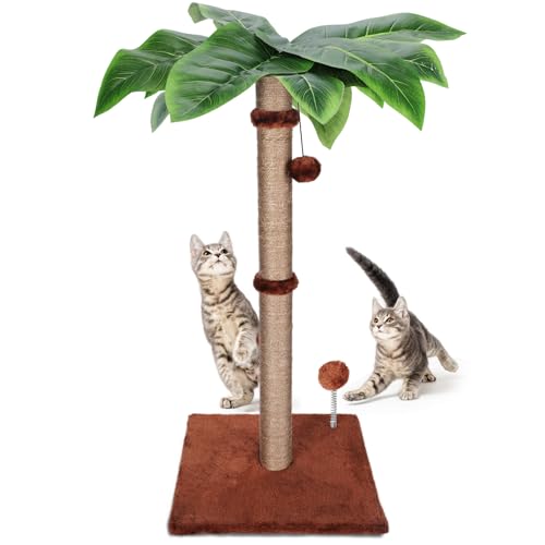 HEVOL Kratzbaum für Katzen, 85cm Katzenbaum mit 1 Interaktiven Bälle und 1 Hängende Bälle, Natürlichem Sisalseil Kratzsäule, Quadratische Grundplatte Kratzstamm für Katzen, Braun von HEVOL