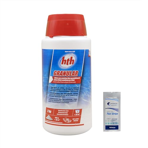 HTH Granular Granulat – 2 kg | Chlorschock, nicht stabilisiert – Schockdesinfektion – Calciumhypochlorit mit schneller Auflösung + 10 HP-Tests 6 in 1 von HEXAGON PISCINE ET SPA