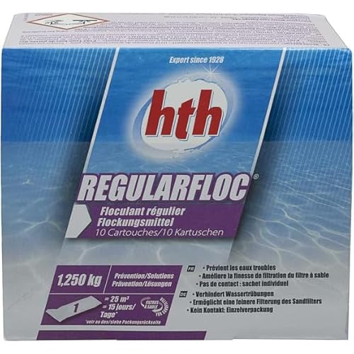 HTH Regularfloc 10 Kartuschen – 1,25 kg | reguläre Flockungsmittel in Kartusche – für Sandfilter + 10 HPS-Tests gratis 6-in-1 von HEXAGON PISCINE ET SPA