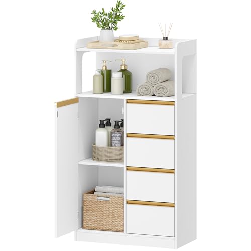 HEXCELEN Badezimmerschrank, Küchenschrank, Aufbewahrungsschrank mit 4 Schubladen und Offenem Regal, Badschrank Hoch, Verstellbare Ablage, für Badezimmer, Wohnzimmer, Weiß, 30 x 60 x 110 cm HEXCELEN Badezimmerschrank, Küchenschrank, Aufbewahrungsschrank mit 4 Schubladen und Offenem Regal, Badschrank Hoch, Verstellbare Ablage, für Badezimmer, Wohnzimmer, Weiß, 30 x 60 x 110 cm von HEXCELEN
