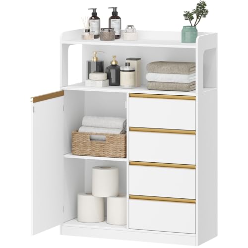 HEXCELEN Badezimmerschrank, Küchenschrank, Aufbewahrungsschrank mit 4 Schubladen und Offenem Regal, Badschrank Hoch, Verstellbare Ablage, für Badezimmer, Wohnzimmer, Weiß, 30 x 80 x 110 cm HEXCELEN Badezimmerschrank, Küchenschrank, Aufbewahrungsschrank mit 4 Schubladen und Offenem Regal, Badschrank Hoch, Verstellbare Ablage, für Badezimmer, Wohnzimmer, Weiß, 30 x 80 x 110 cm von HEXCELEN