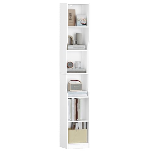 HEXCELEN Bücherregal, 6 Ebenen Vertikales Bücherregal, Schmales Regal, Standregal, Würfelregal, Aufbewahrungsregal, für Büro, Wohnzimmer, Schlafzimmer, 28 × 30 × 181 cm, Moderner Stil, Weiß von HEXCELEN