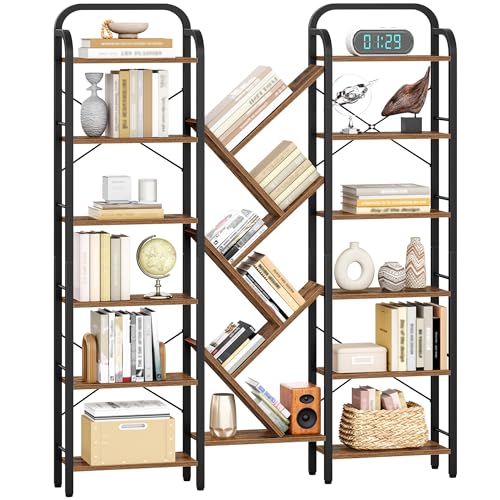 HEXCELEN Bücherregal, 6 Tier 18 Fächer Baumförmiges Bücherschrank, Standregal, Verstellbare offene Ablagen, für Arbeitszimmer, Wohnzimmer, Vintage Braun-Schwarz, 24 x 152 x 198,5 cm von HEXCELEN