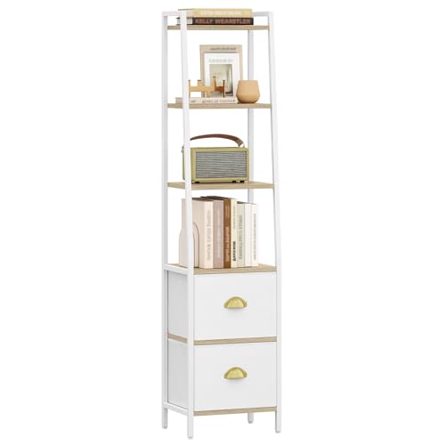 HEXCELEN Bücherregal, Schmales Regal mit 6 Ebenen und 2 Zusammenklappbare Stoffschublade, Leiterregal, Standregal, Büroregal, für Schlafzimmer, Wohnzimmer, Büro, 30 x 40 x 173 cm, Weißeiche und Weiß von HEXCELEN