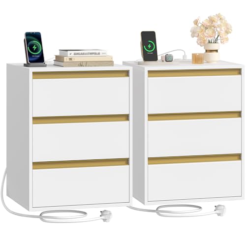 HEXCELEN Nachttisch, 2er Set, Beistelltisch, 3 Schubladen, Nachtschrank mit 4 Abnehmbaren Fußstützen, Nachttisch im Schlafzimmer, Sofatisch, für Schlafzimmer, Wohnzimmer, Weiß von HEXCELEN