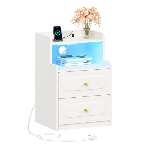 HEXCELEN Nachttisch, Beistelltisch mit 2 Schublade, Nachttisch mit Offenem Fach, Nachtschrank im Schlafzimmer, Nachtschrank aus Holzwerkstoff, Sofatisch, für Schlafzimmer, Wohnzimmer, weiß von HEXCELEN