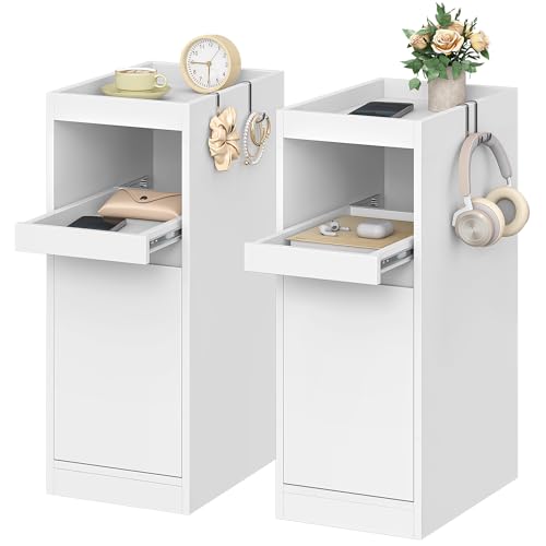 HEXCELEN Schmaler Nachttisch 2er Set, Nachttische mit Tablett, Beistelltisch mit 1 Tür, Beistelltisch mit 2 Haken, Platzsparend, für Schlafzimmer, Wohnzimmer, Moderner Stil, Weiß, 35 × 24 × 64 cm HEXCELEN Schmaler Nachttisch 2er Set, Nachttische mit Tablett, Beistelltisch mit 1 Tür, Beistelltisch mit 2 Haken, Platzsparend, für Schlafzimmer, Wohnzimmer, Moderner Stil, Weiß, 35 × 24 × 64 cm von HEXCELEN