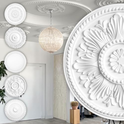 HEXIM Perfect Stuckrosette aus PU hartschaum - Deckenrosette weiß, Zierelement, Stuck (B3018, Ø 46cm) Wanddekoration Schlafzimmer Lampe Rosette rund von HEXIM Perfect