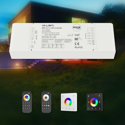 HEXIM 12-48V LED Controller & Fernbendienung - Smart Home & Phone Sprachsteuerung Alexa Google Assistant (modellabhängig) - 5 in 1 Controller einfarbig RGB RGBW WW+CW RGB+CCT (V5-L - 5CH Controller) von HEXIM
