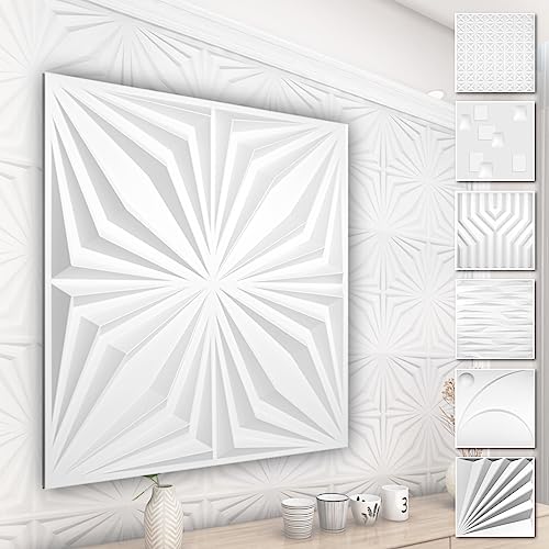 HEXIM 3D Wandpaneele, PVC Kunststoff weiß - Abstrakt Design Paneele 50x50cm Wandverkleidung (3QM HD126) Kunststoffplatten Wellenoptik von HEXIM