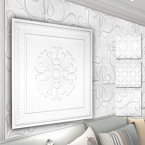 HEXIM 3D Wandpaneele, PVC Kunststoff weiß - Blumen Design Paneele 50x50cm Wandverkleidung (2QM HD050) Kinderzimmer Wandtattoos Platten von HEXIM
