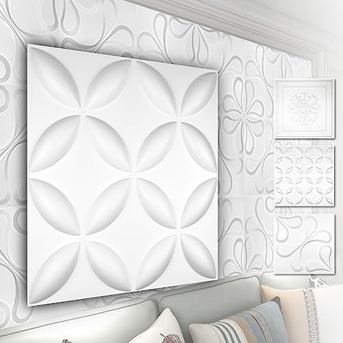 HEXIM 3D Wandpaneele, PVC Kunststoff weiß - Blumen Design Paneele 50x50cm Wandverkleidung (5QM HD038) Wandverblender Verblendung Deckenpaneele von HEXIM