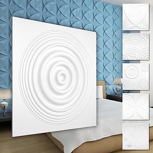 HEXIM 3D Wandpaneele, PVC Kunststoff weiß - Kreis Design Paneele 50x50cm Wandverkleidung (3QM HD075) Gaming Idee Wohnzimmer Kreise von HEXIM