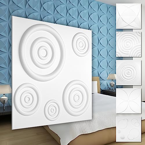 HEXIM 3D Wandpaneele, PVC Kunststoff weiß - Kreis Design Paneele 50x50cm Wandverkleidung (5QM HD079) hinter TV glatt hochglanz Decke von HEXIM