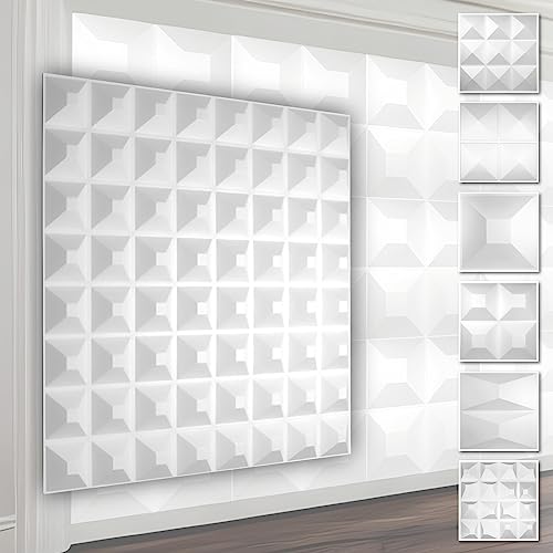 HEXIM 3D Wandpaneele, PVC Kunststoff weiß - Pyramiden Design Paneele 50x50cm Wandverkleidung (5QM HD005) Vertäfelung streichen modern von HEXIM