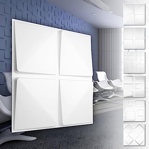 HEXIM 3D Wandpaneele, PVC Kunststoff weiß - Quadrat Design Paneele 50x50cm Wandverkleidung (5QM HD032) Verblender Wohnzimmer von HEXIM