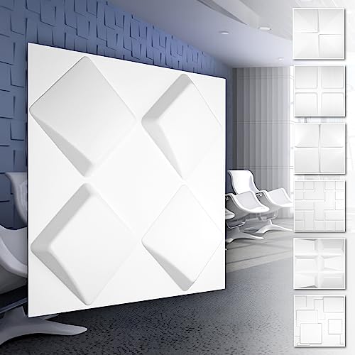 HEXIM 3D Wandpaneele, PVC Kunststoff weiß - Quadrat Design Paneele 50x50cm Wandverkleidung (5QM HD131) Verkleidung Dekor in weiß glatt von HEXIM