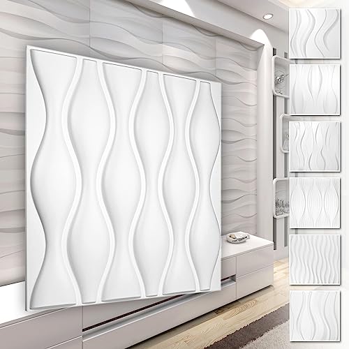 HEXIM 3D Wandpaneele, PVC Kunststoff weiß - Wellen Design Paneele 50x50cm Wandverkleidung (0.25QM HD052) Platten Paneel Hintergrund Wand von HEXIM