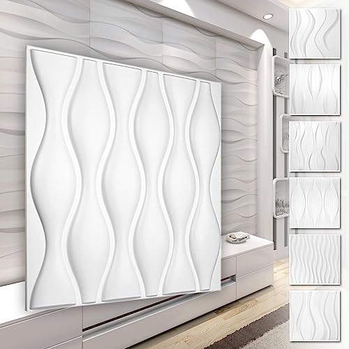 HEXIM 3D Wandpaneele, PVC Kunststoff weiß - Wellen Design Paneele 50x50cm Wandverkleidung (5QM HD052) Platten Kunststoff hart Balkon von HEXIM