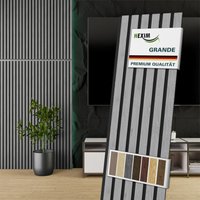 HEXIM Akustikpaneele 140x30cm Wandpaneele Grande Lamellen 0,42m² Holzpaneel Wand 21mm Holz Filz: Grey Oak, 1 Paneel - 0.425m² von HEXIM