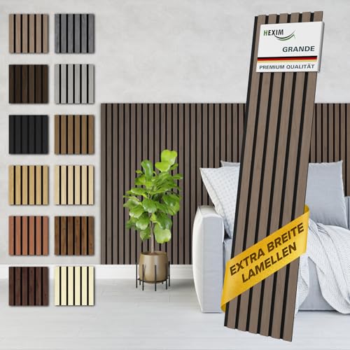 HEXIM Akustikpaneele Holz 140x30cm Grande - 2er Set (0,844m²) Holzpaneele Wandpaneele 21mm Schalldämmung MDF Akustikfilz Wandverkleidung Braun American Walnut von HEXIM