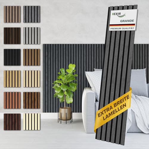 HEXIM Akustikpaneele Holz 140x30cm Grande - 2er Set (0,844m²) Holzpaneele Wandpaneele 21mm Schalldämmung MDF Akustikfilz Wandverkleidung Grau Grey Ash von HEXIM