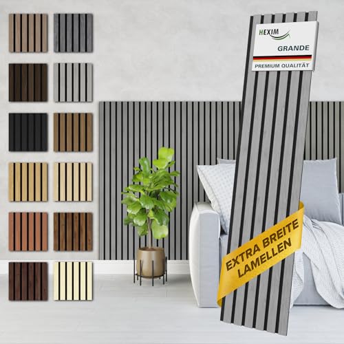 HEXIM Akustikpaneele Holz 140x30cm Grande - 2er Set (0,844m²) Holzpaneele Wandpaneele 21mm Schalldämmung MDF Akustikfilz Wandverkleidung Grau Grey Oak von HEXIM