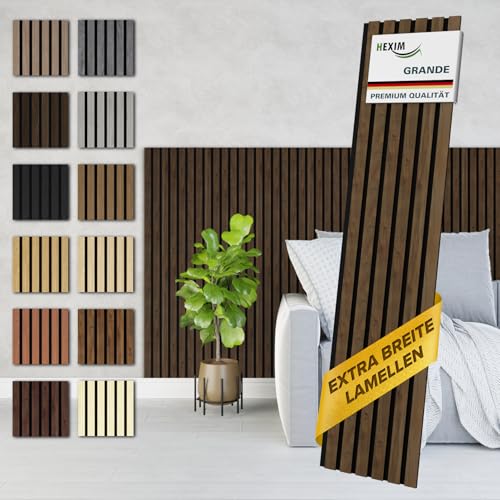 HEXIM Akustikpaneele Holz 140x30cm Grande - 2er Set (0,844m²) Holzpaneele Wandpaneele 21mm Schalldämmung MDF Akustikfilz Wandverkleidung Hellbraun Light Walnut von HEXIM