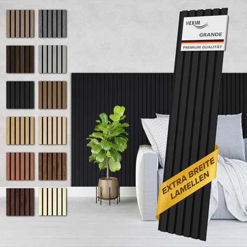 HEXIM Akustikpaneele Holz 140x30cm Grande - 2er Set (0,844m²) Holzpaneele Wandpaneele 21mm Schalldämmung MDF Akustikfilz Wandverkleidung Schwarz Black Ash von HEXIM
