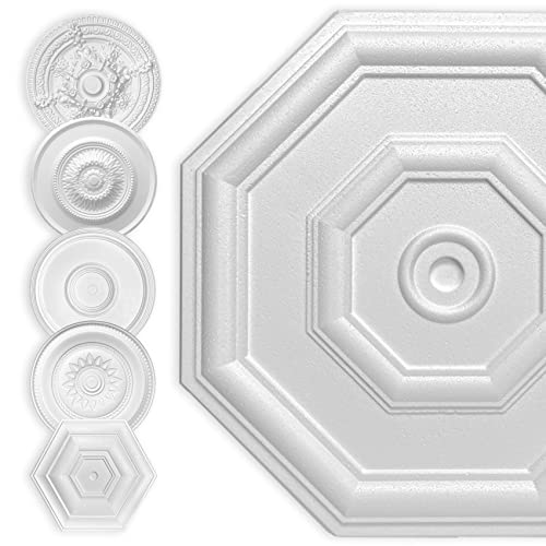 HEXIM Stuckrosette Styropor EPS weiß, Deckenrosette rund & eckig, Innendekor für Decke & Wand, Steckrosette Verzierung Decke Ornamente Wohnzimmer Dekorbau (50x50 cm Achteck) von HEXIM