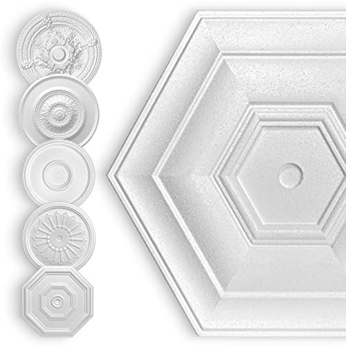 HEXIM Stuckrosette aus EPS Styropor weiß - Sechseck 400x400 mm (RD-747) Deckenrosette weiß, Verzierung, Architektur, Renaissance, Decke, Polystyrol, Polystyrol, Hexim von HEXIM
